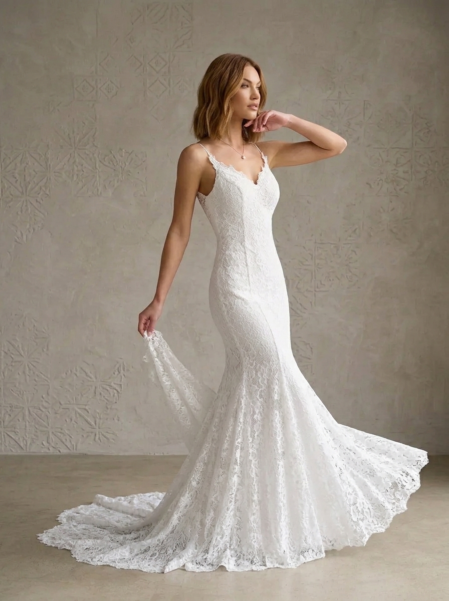 White Mermaid Sequins Lace Sweetheart Wedding Dress