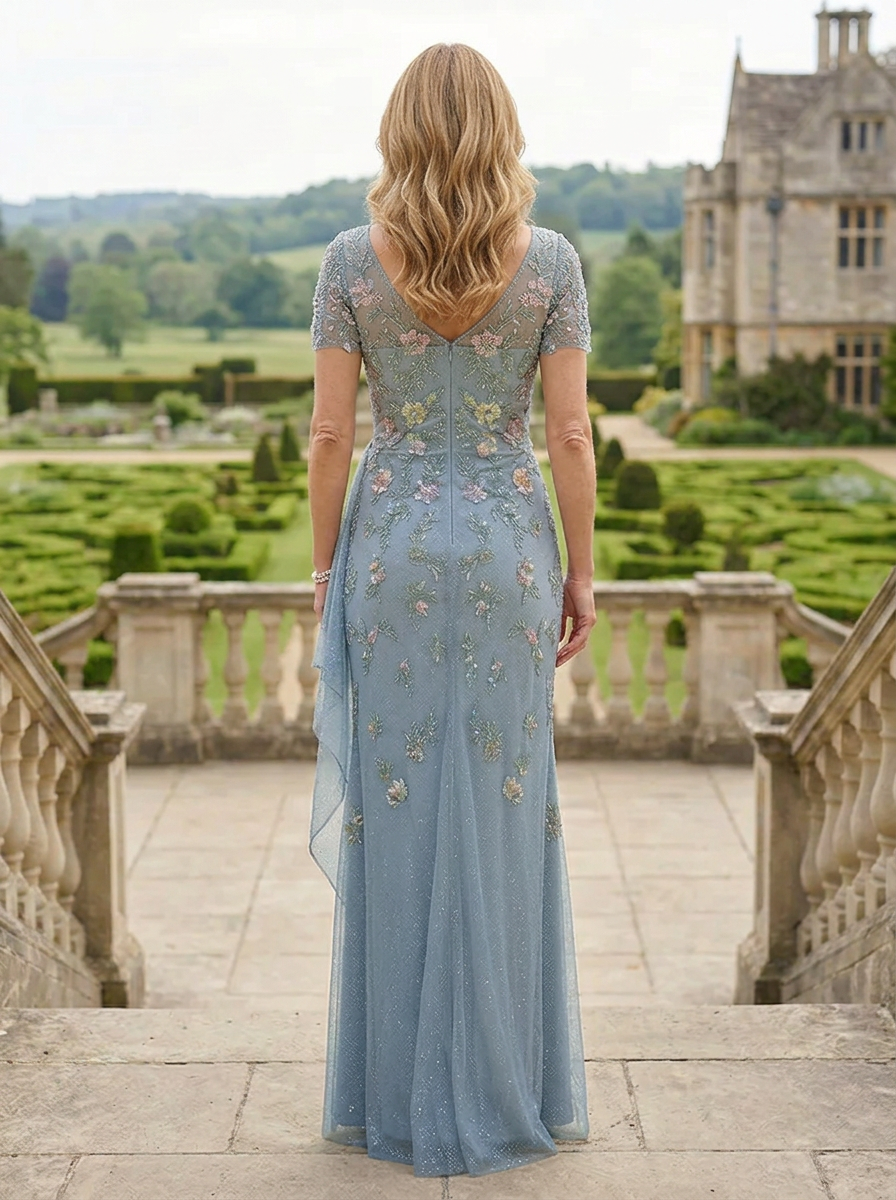 Enchanting Blue Floral Embroidered Short Sleeve V-Neck Mother of the Bride & Groom Dresses 