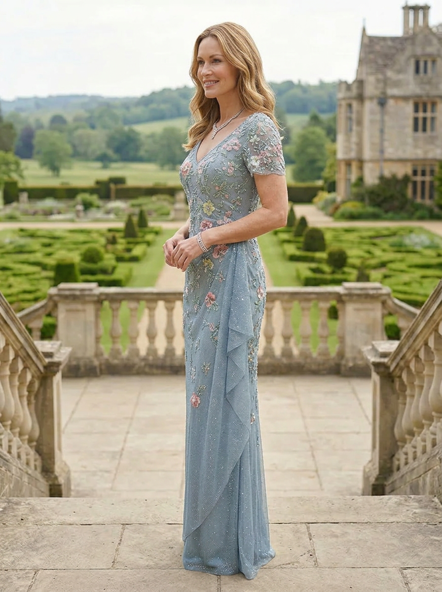 Enchanting Blue Floral Embroidered Short Sleeve V-Neck Mother of the Bride & Groom Dresses 