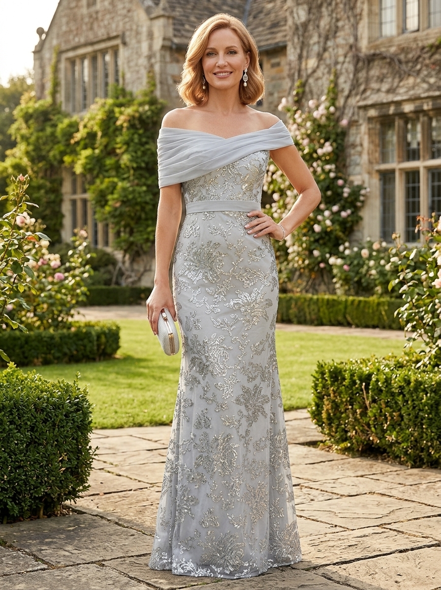 Elegant Silver Off-the-Shoulder Sequin Mermaid Mother of the Bride & Groom Dresses 