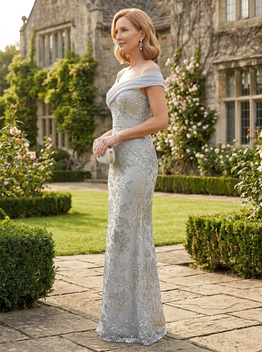 Elegant Silver Off-the-Shoulder Sequin Mermaid Mother of the Bride & Groom Dresses 