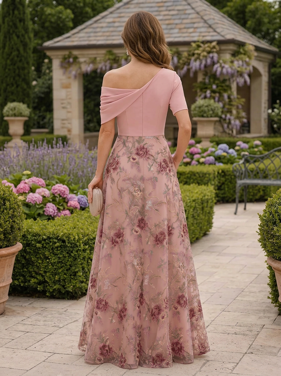 Exquisite Dusty Rose Floral Embroidered A-Line One Shoulder Mother of the Bride & Groom Dresses 