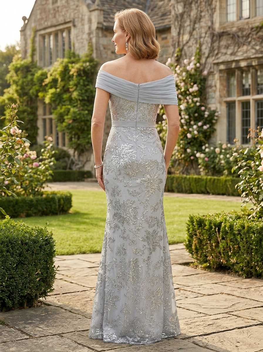 Elegant Silver Off-the-Shoulder Sequin Mermaid Mother of the Bride & Groom Dresses 