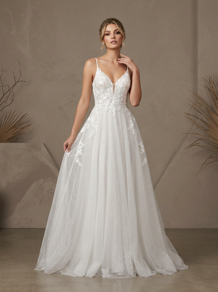 Ethereal Floral Lace A-Line Bridal V-Neck Spaghetti Straps Wedding Dress