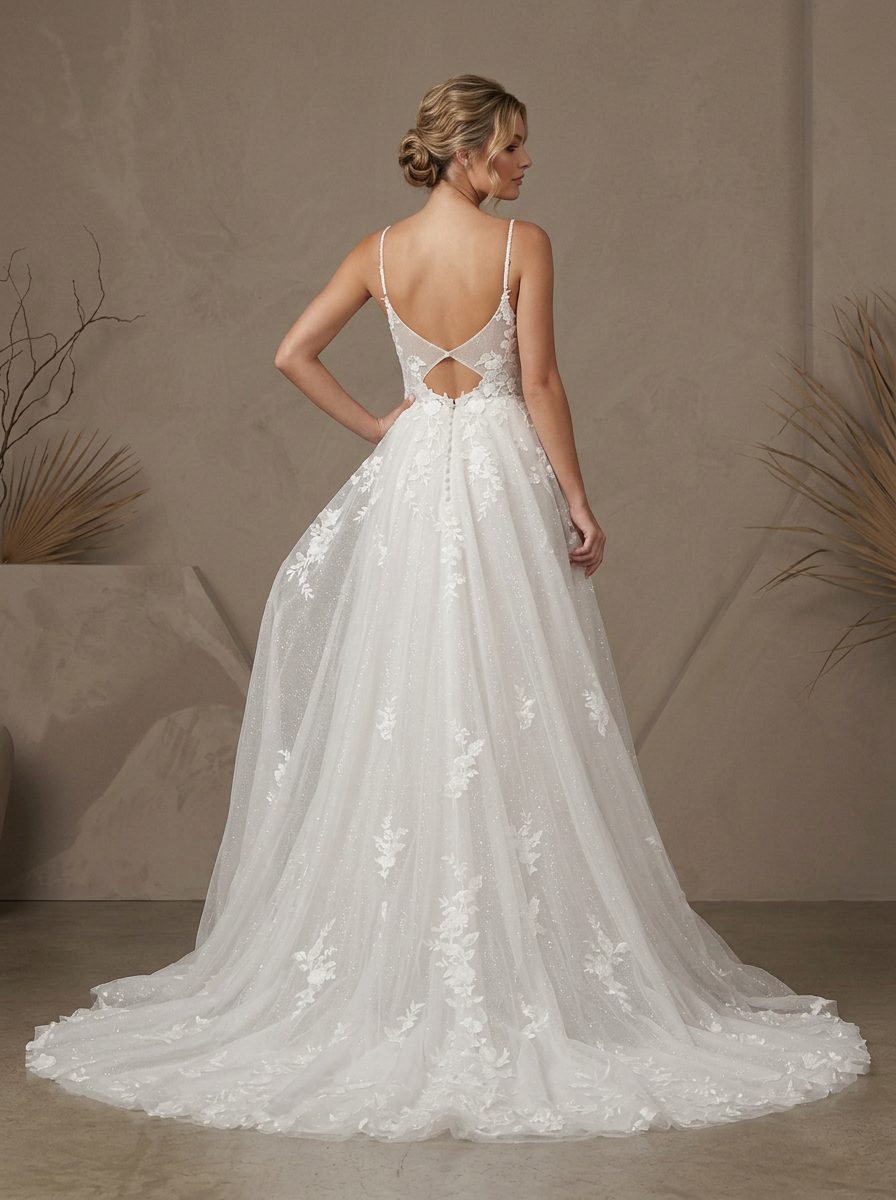 Ethereal Floral Lace A-Line Bridal V-Neck Spaghetti Straps Wedding Dress