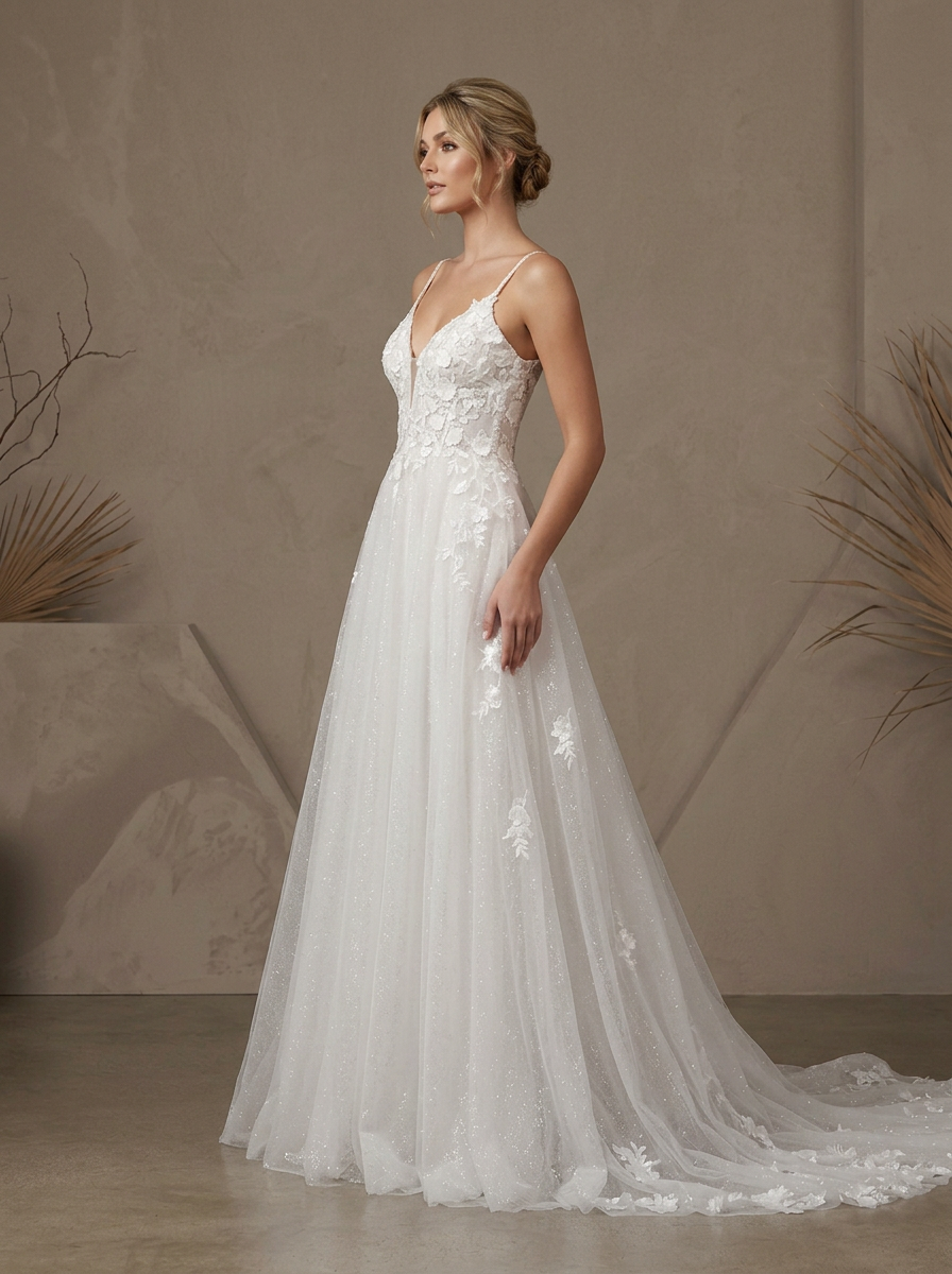 Ethereal Floral Lace A-Line Bridal V-Neck Spaghetti Straps Wedding Dress