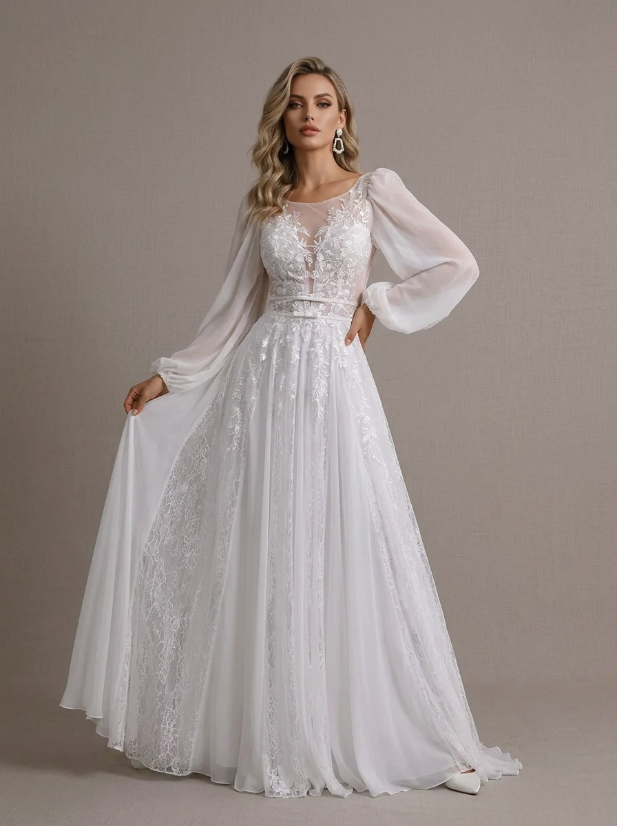 Romantic White Boho-Chic Long-Sleeve Wedding Dress