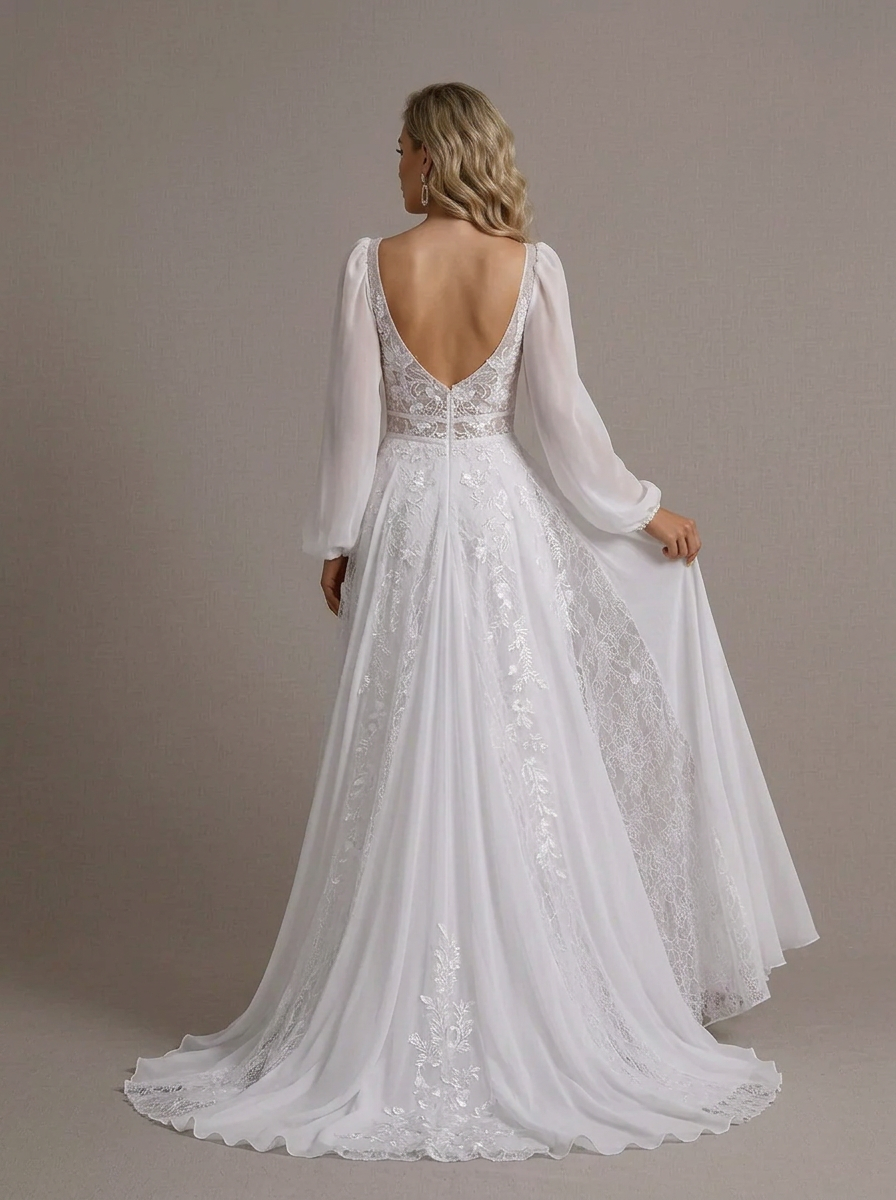 Romantic White Boho-Chic Long-Sleeve Wedding Dress