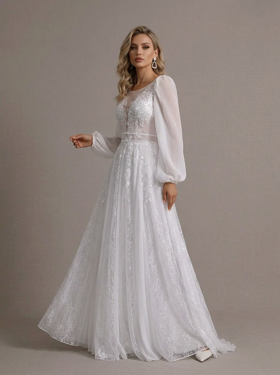 Romantic White Boho-Chic Long-Sleeve Wedding Dress