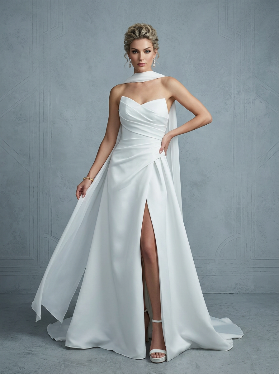 Modern White Satin A-Line Wedding Dress with Chiffon Drape Detail