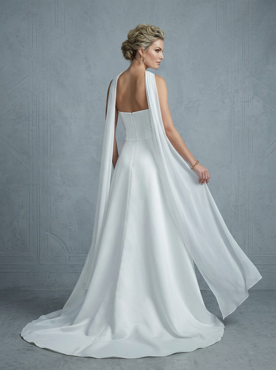 Modern White Satin A-Line Wedding Dress with Chiffon Drape Detail