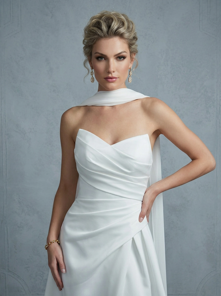 Modern White Satin A-Line Wedding Dress with Chiffon Drape Detail