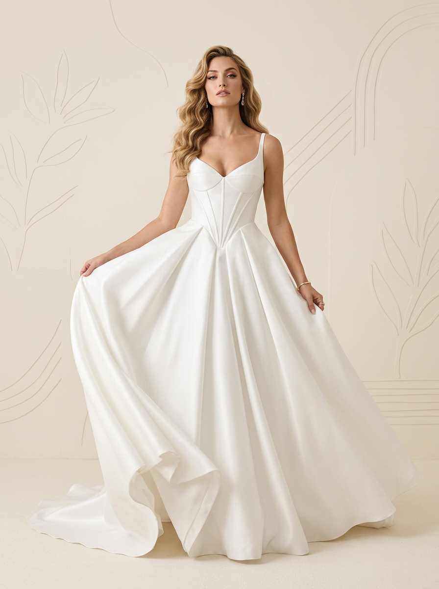 Modern White Sculpted Satin Corset A-Line Wedding Dress
