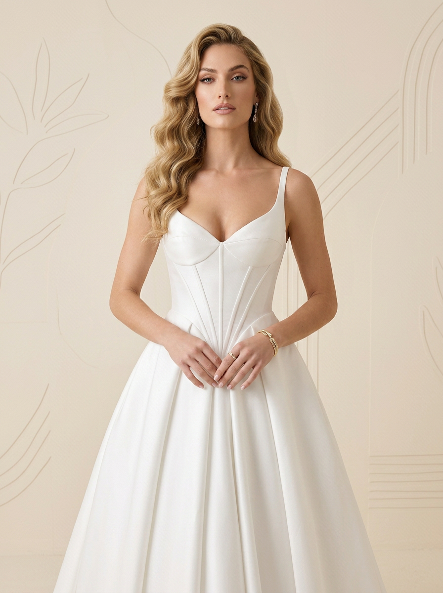 Modern White Sculpted Satin Corset A-Line Wedding Dress
