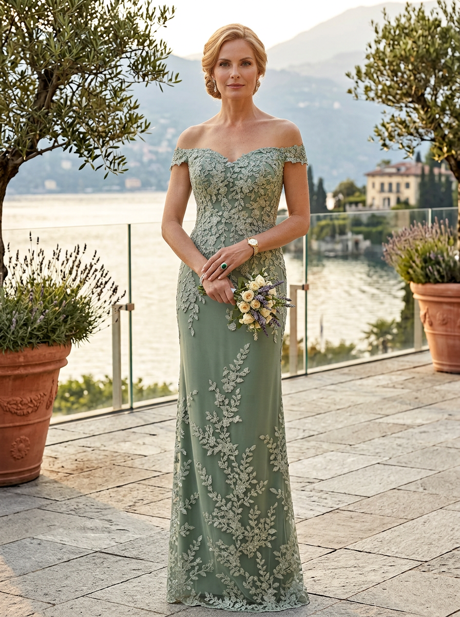 Sage Green Off-the-Shoulder Floral Lace Column Mother of the Bride & Groom Dresses 