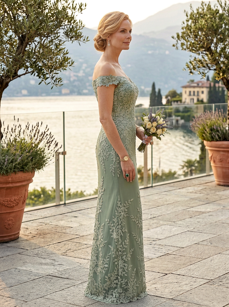 Sage Green Off-the-Shoulder Floral Lace Column Mother of the Bride & Groom Dresses 