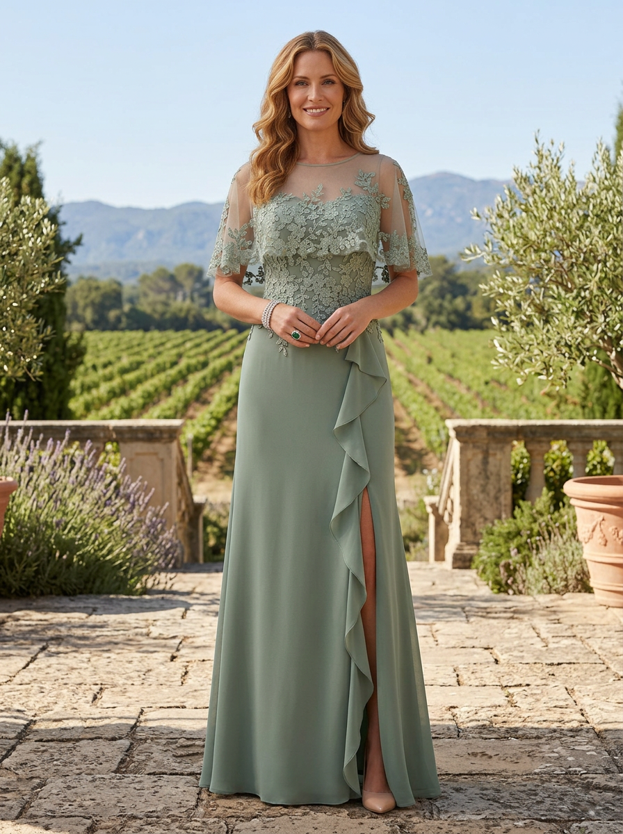 Elegant Sage Green Overlay Mother of the Bride & Groom Dresses with Ruffle Detail 