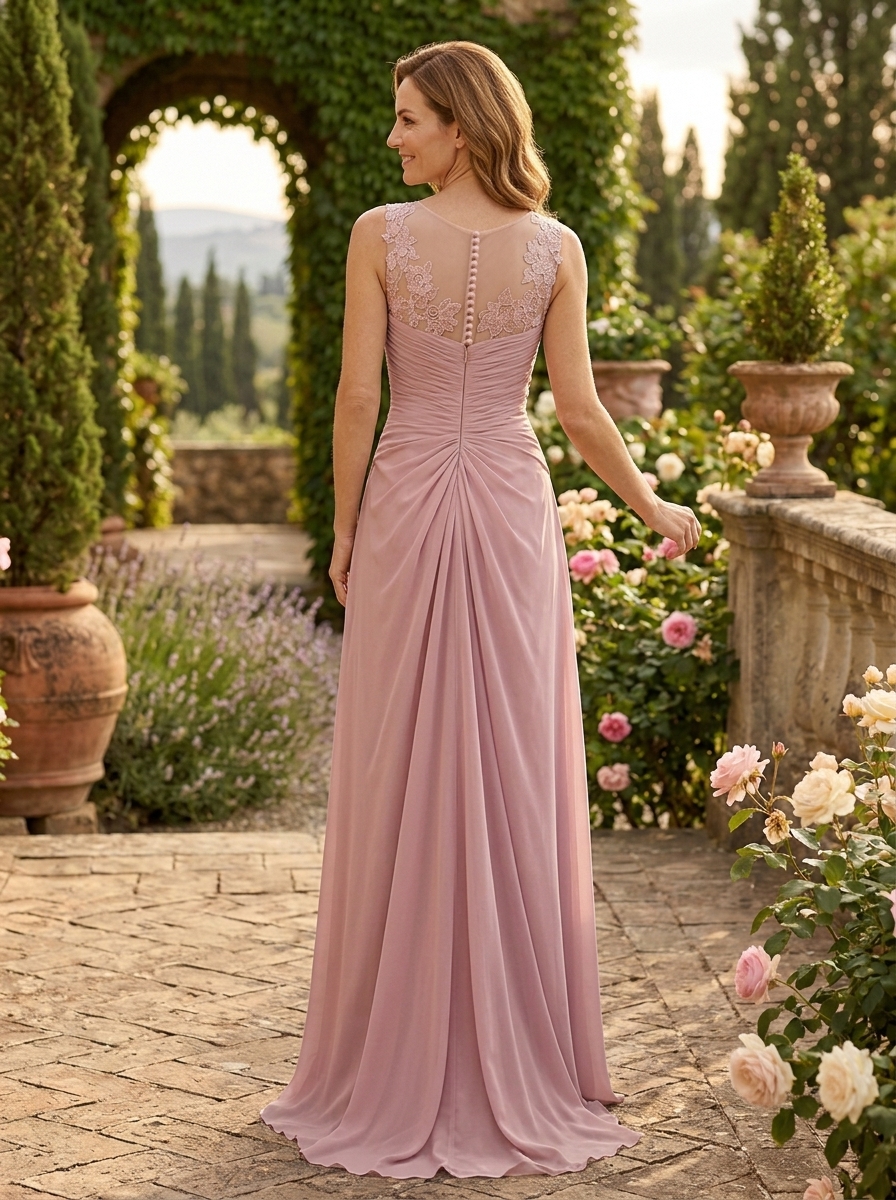  Elegant Rose Pink Chiffon Mother of the Bride & Groom Dresses with Lace Illusion Bodice