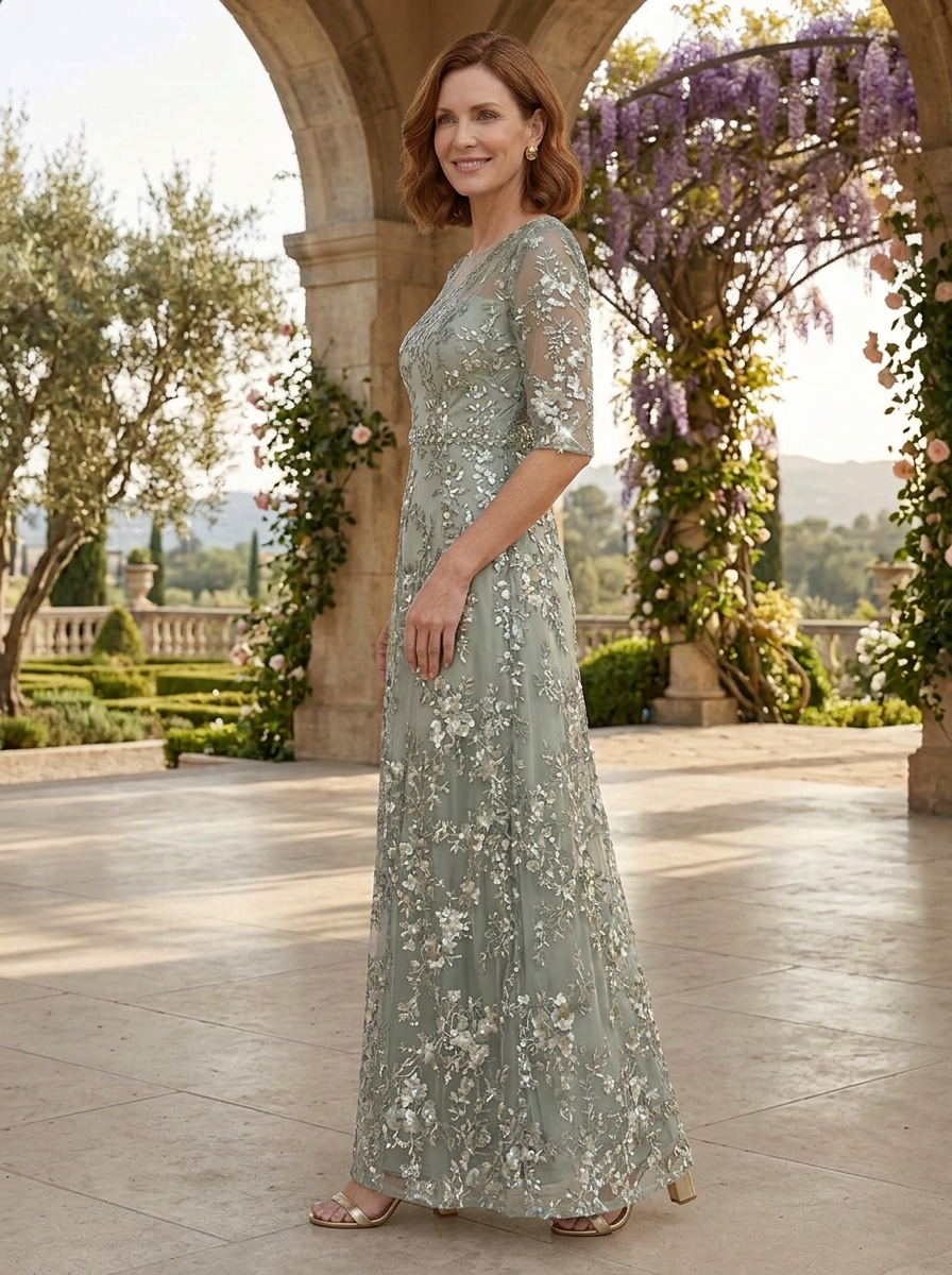 Luxurious Sage Green Floral Sequin A-Line Embroidered Mother of the Bride & Groom Dresses