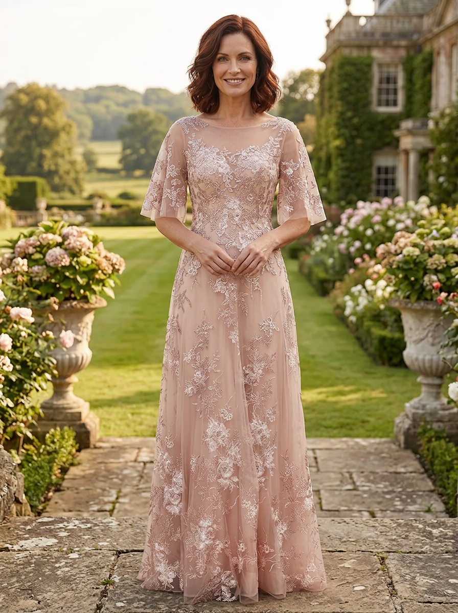 Romantic Blush Floral Embroidered Flutter-Sleeve Mother of the Bride & Groom Dresses