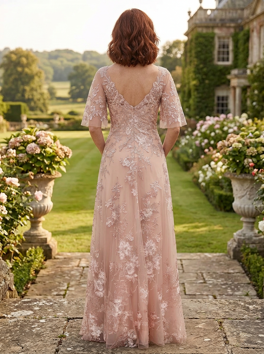 Romantic Blush Floral Embroidered Flutter-Sleeve Mother of the Bride & Groom Dresses