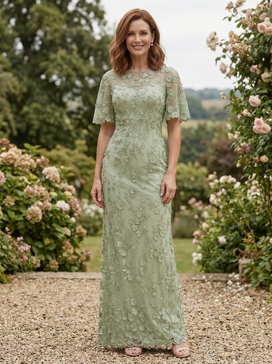 Timeless Sage Green Floral Embroidered Column Mother of the Bride & Groom Dresses