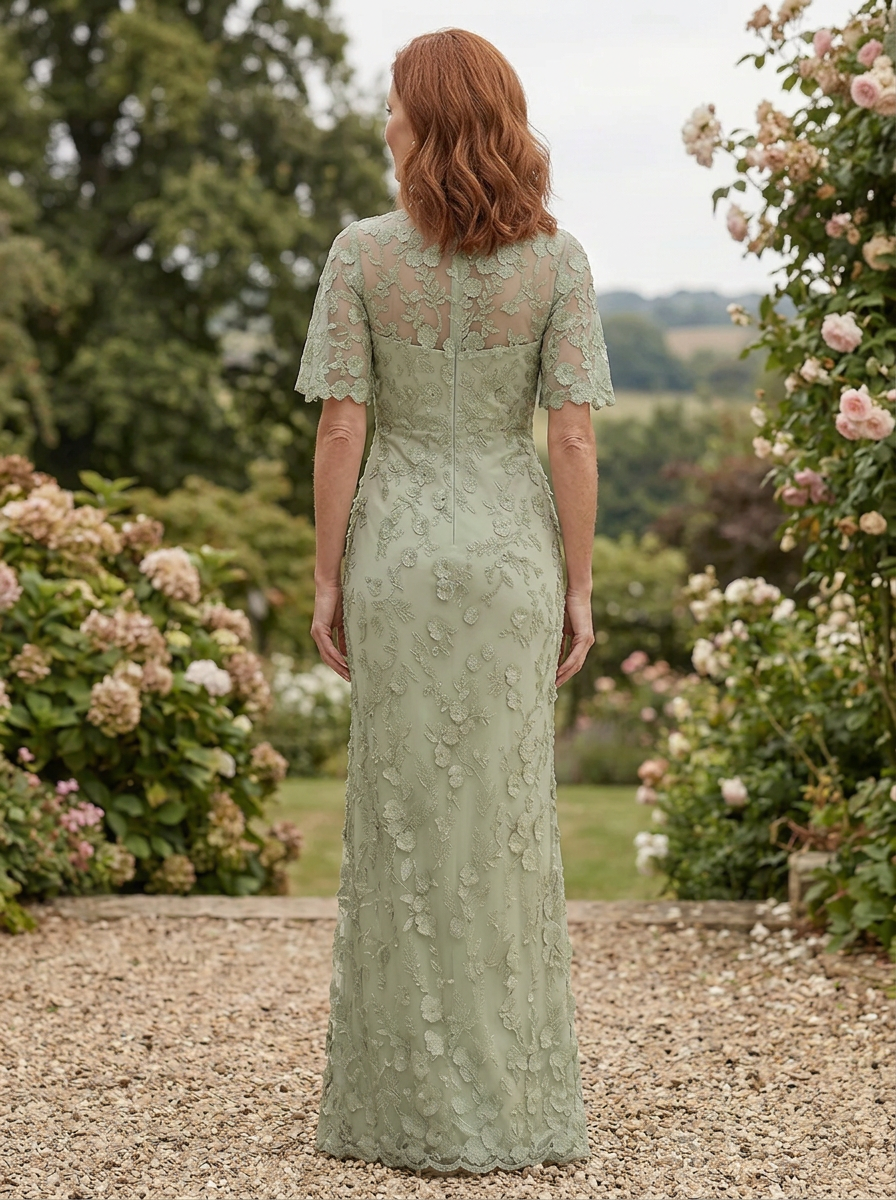 Timeless Sage Green Floral Embroidered Column Mother of the Bride & Groom Dresses