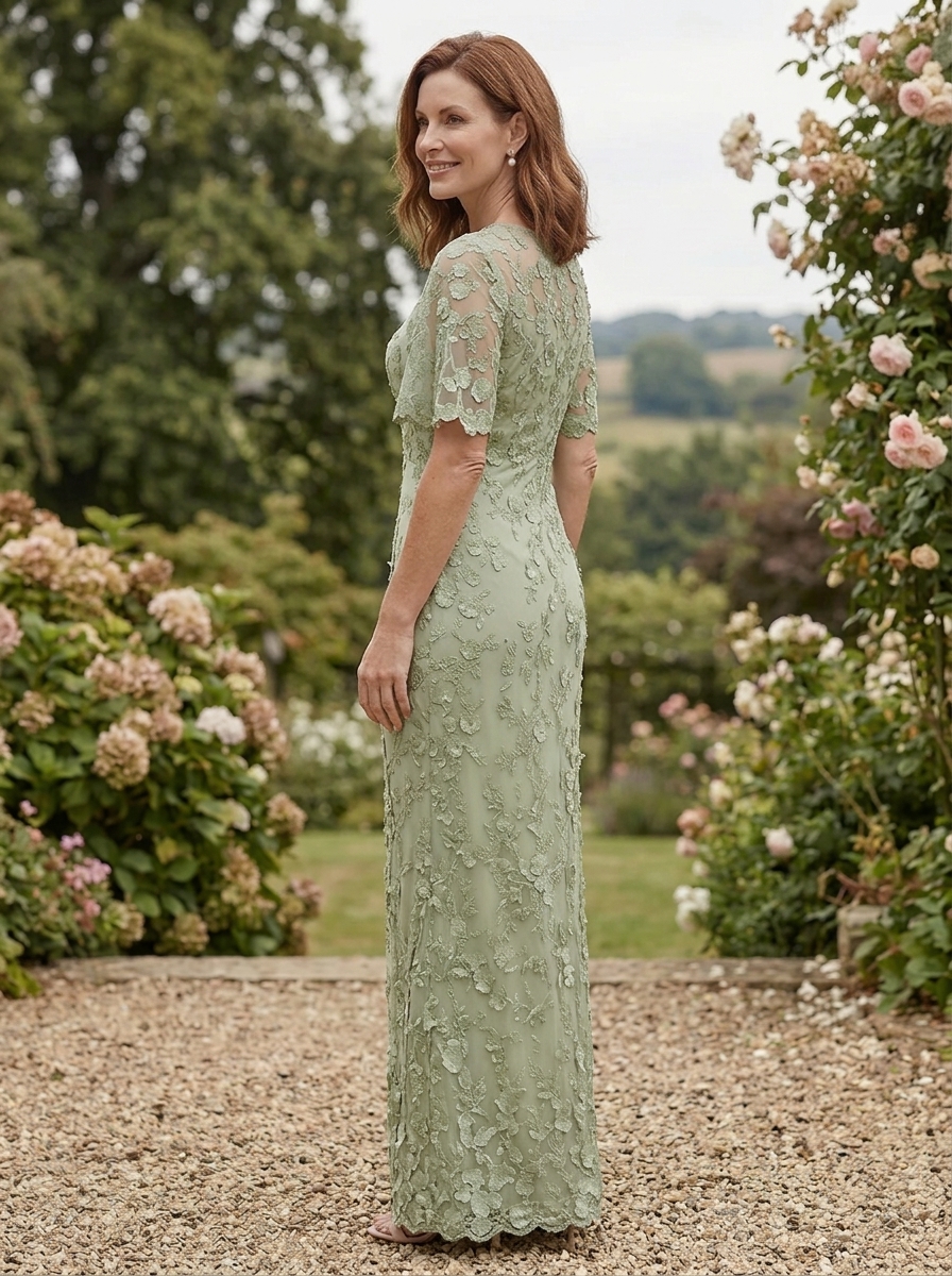 Timeless Sage Green Floral Embroidered Column Mother of the Bride & Groom Dresses