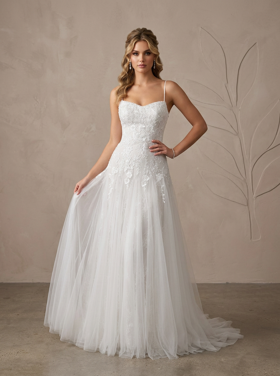 Ethereal White Lace Appliqué  A-Line Sweetheart Spaghetti Straps Wedding Dress