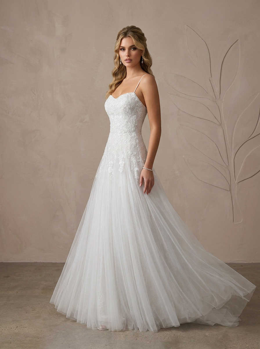 Ethereal White Lace Appliqué  A-Line Sweetheart Spaghetti Straps Wedding Dress