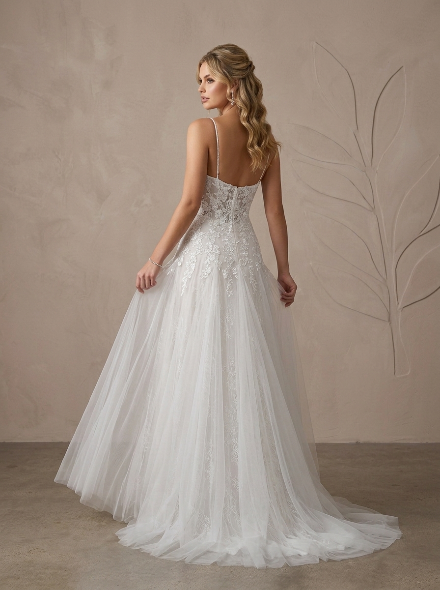 Ethereal White Lace Appliqué  A-Line Sweetheart Spaghetti Straps Wedding Dress
