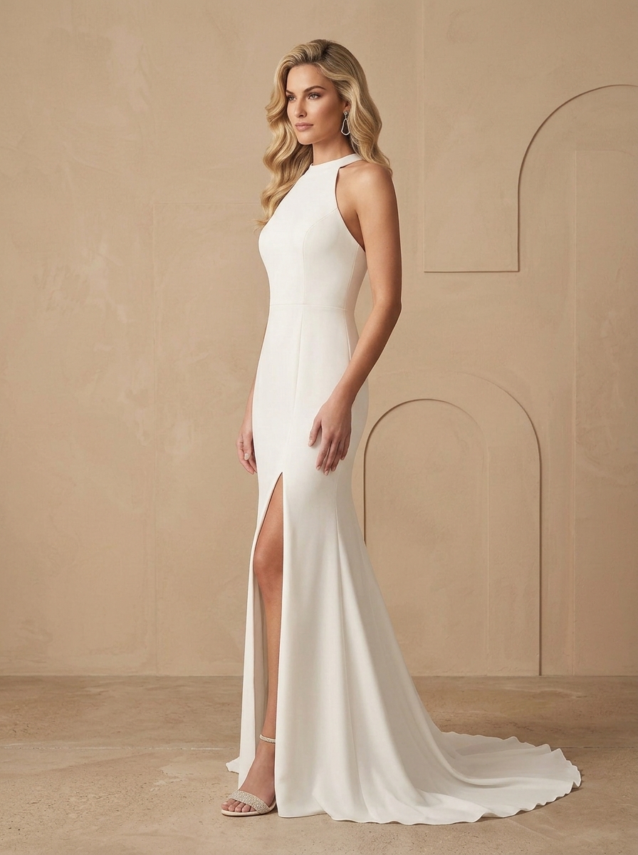 Ivory Elegance Halter Neck Bow-Back Crepe Slit Wedding Dress