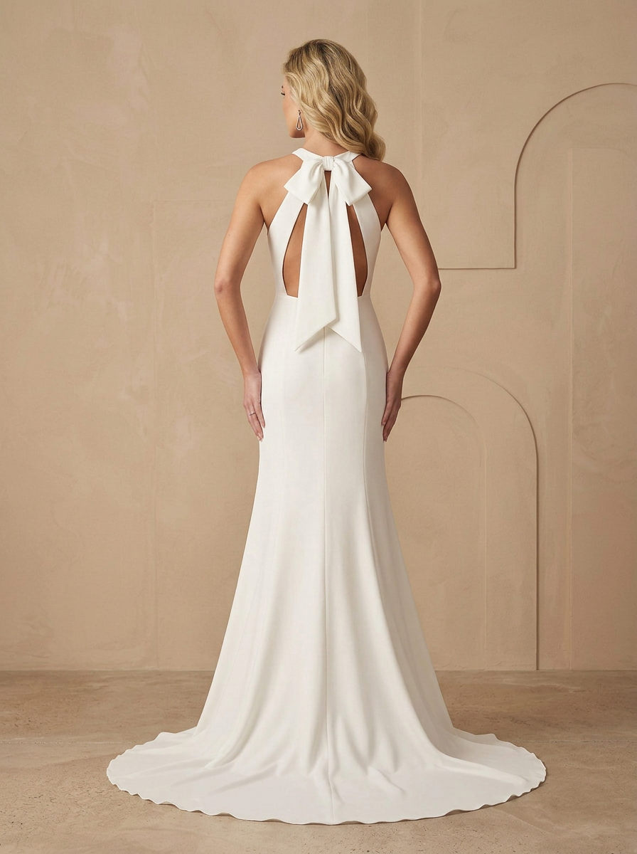 Ivory Elegance Halter Neck Bow-Back Crepe Slit Wedding Dress