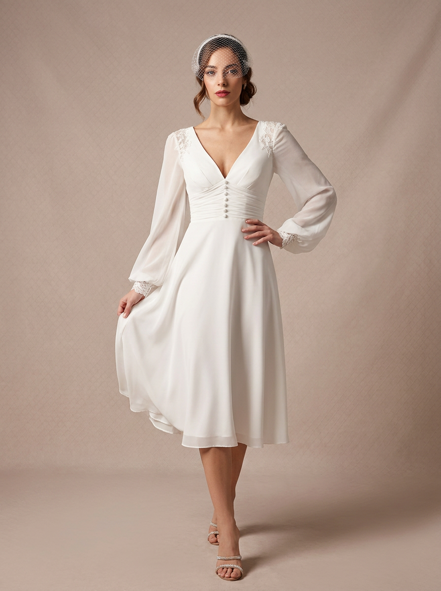 Ivory Vintage Long-Sleeve V-Neck Midi Chiffon A-Line Wedding Dress