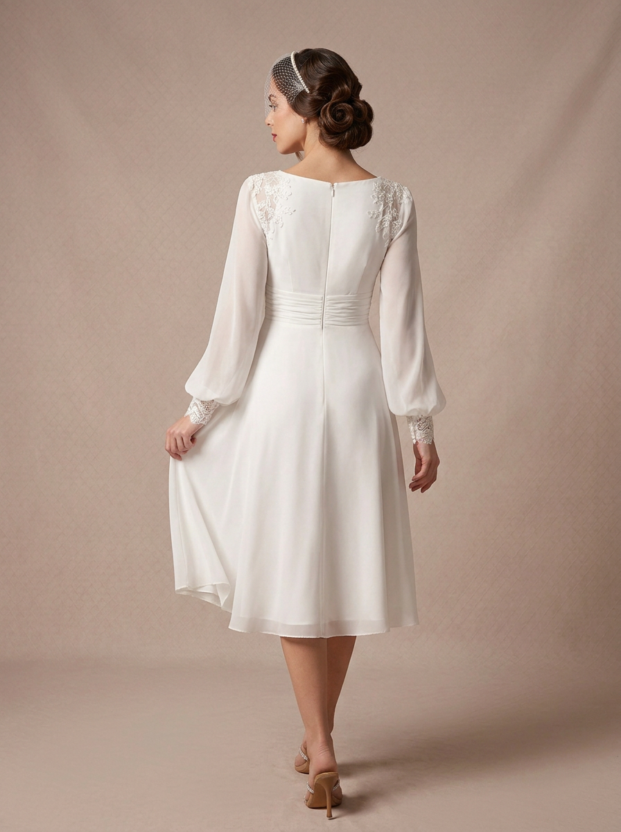 Ivory Vintage Long-Sleeve V-Neck Midi Chiffon A-Line Wedding Dress