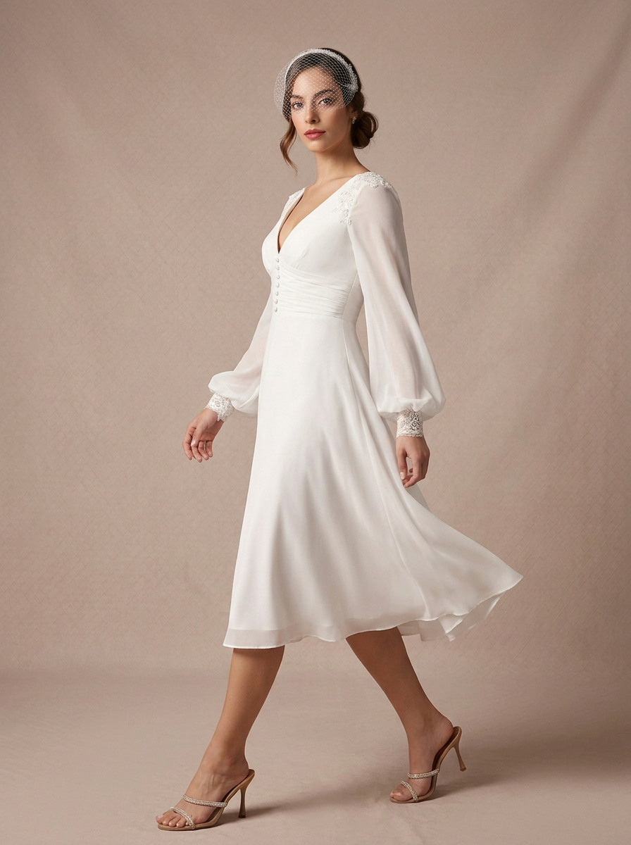 Ivory Vintage Long-Sleeve V-Neck Midi Chiffon A-Line Wedding Dress