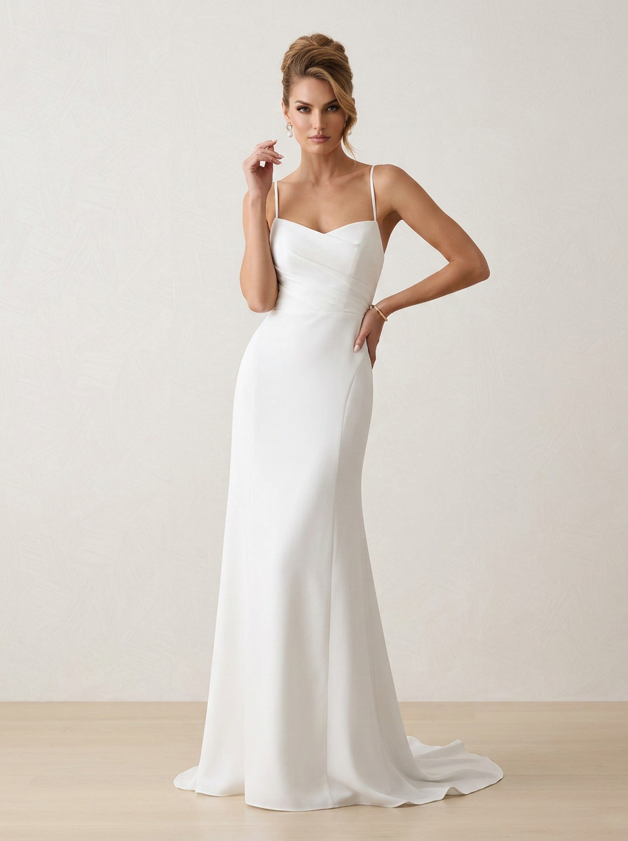 White Sweetheart Spaghetti Strap Crepe Sheath Maxi Wedding Dress
