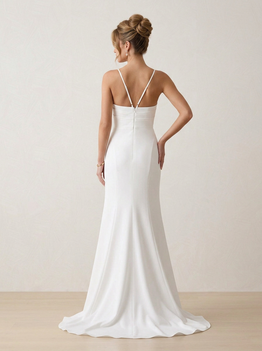 White Sweetheart Spaghetti Strap Crepe Sheath Maxi Wedding Dress