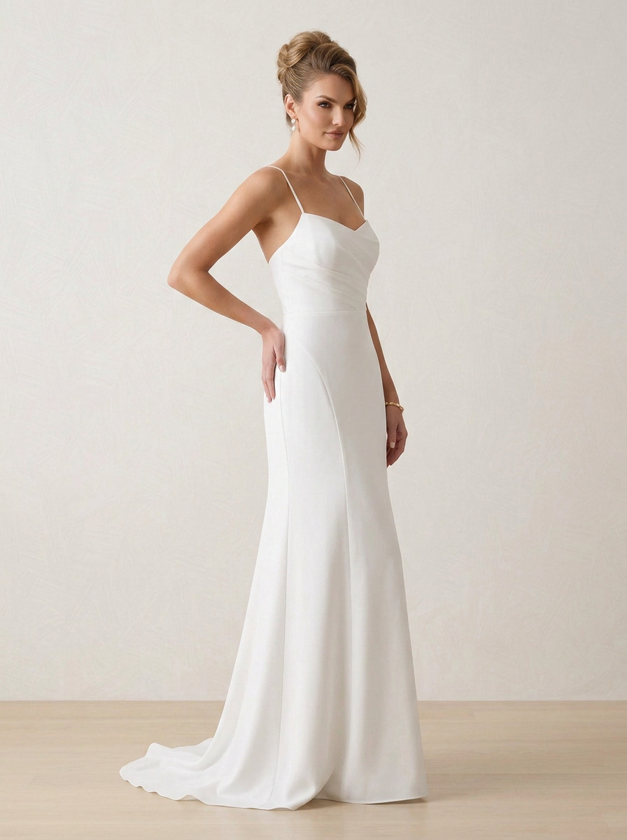 White Sweetheart Spaghetti Strap Crepe Sheath Maxi Wedding Dress