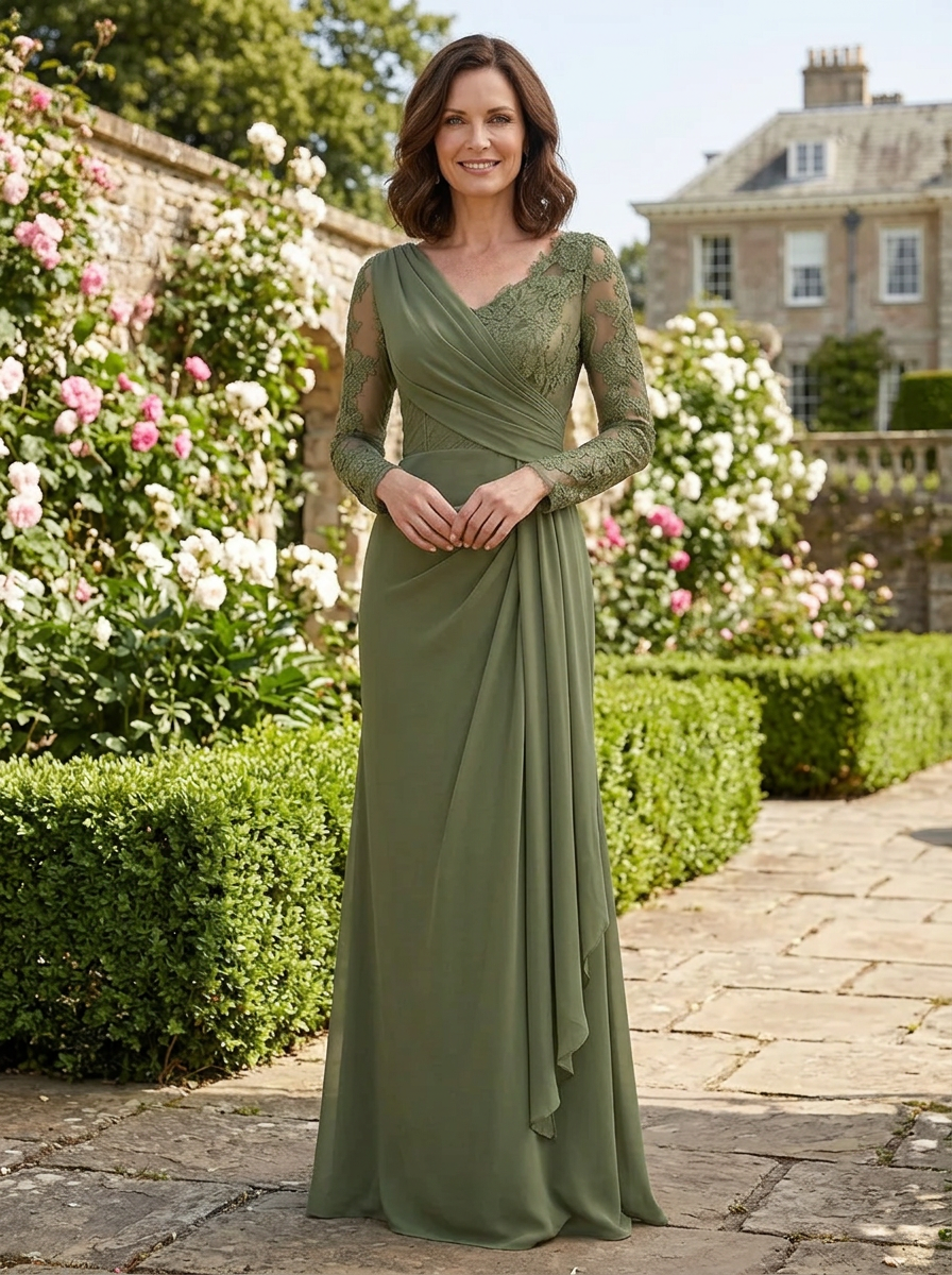 Sage Green Draped Long-Sleeve Lace Accent V-Neck Maxi Mother of the Bride & Groom Dresses
