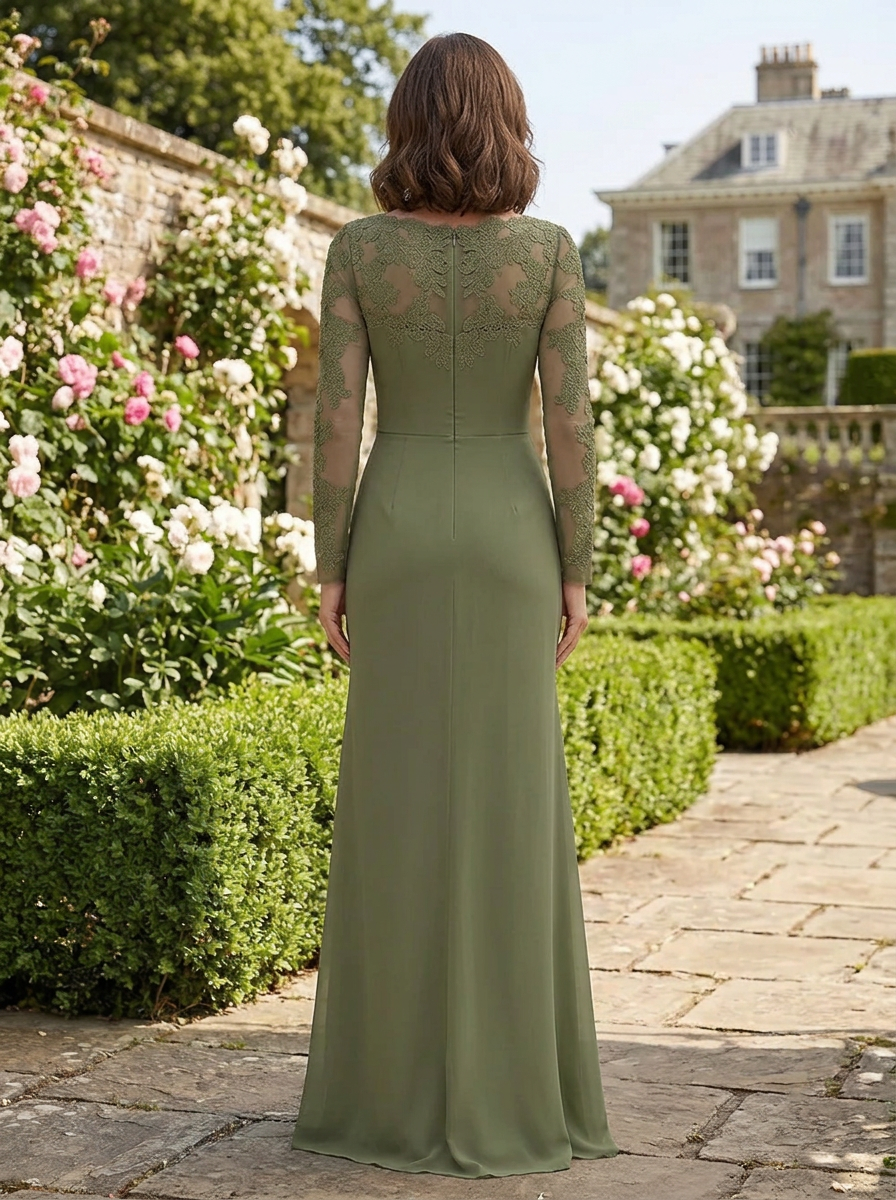 Sage Green Draped Long-Sleeve Lace Accent V-Neck Maxi Mother of the Bride & Groom Dresses