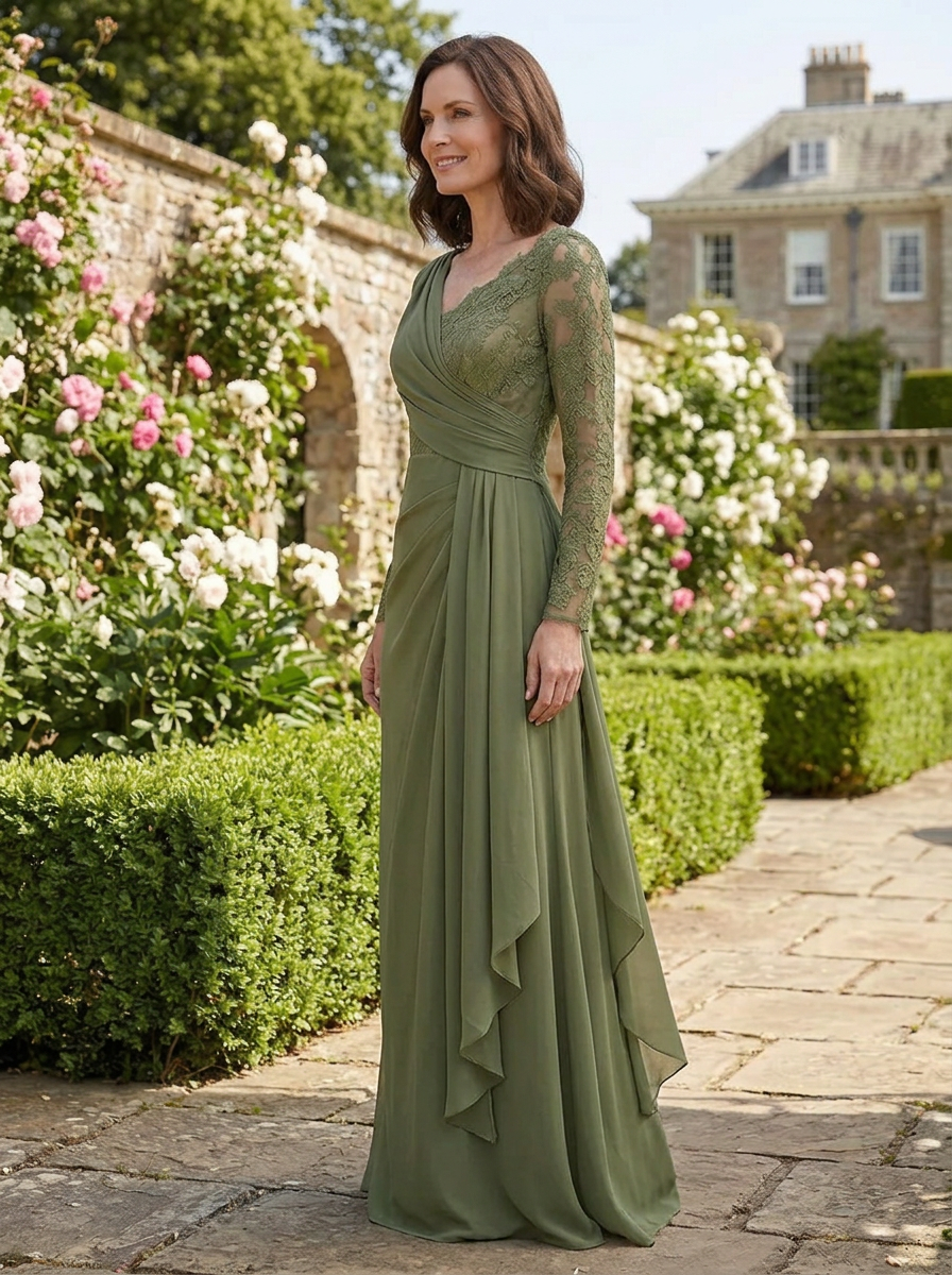 Sage Green Draped Long-Sleeve Lace Accent V-Neck Maxi Mother of the Bride & Groom Dresses