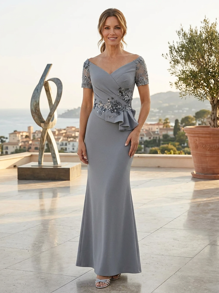 Slate Grey Off-the-Shoulder Beaded Waist Mermaid V-Neck Mother of the Bride & Groom Dresses