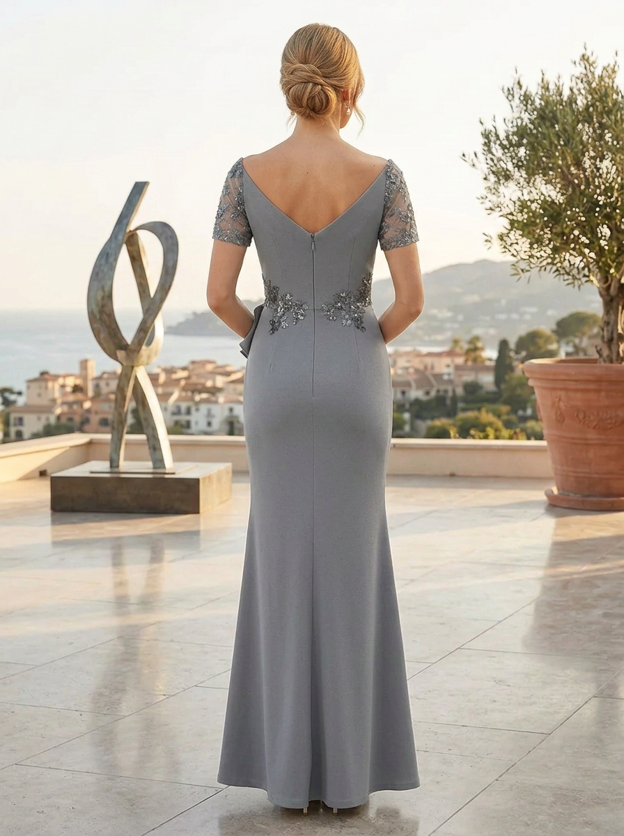 Slate Grey Off-the-Shoulder Beaded Waist Mermaid V-Neck Mother of the Bride & Groom Dresses