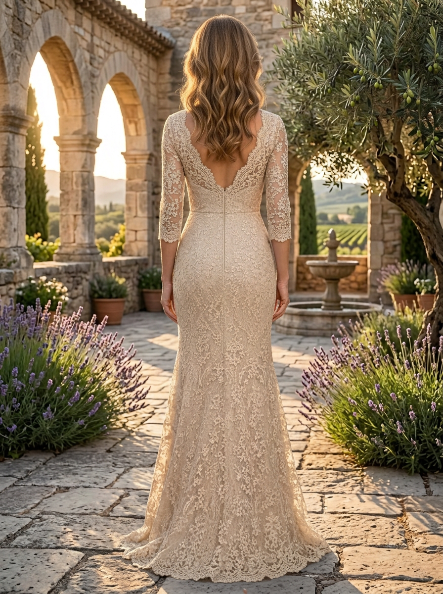 Radiant Champagne Gold Lace Half-Sleeve Mermaid V-Neck Maxi Mother of the Bride & Groom Dresses