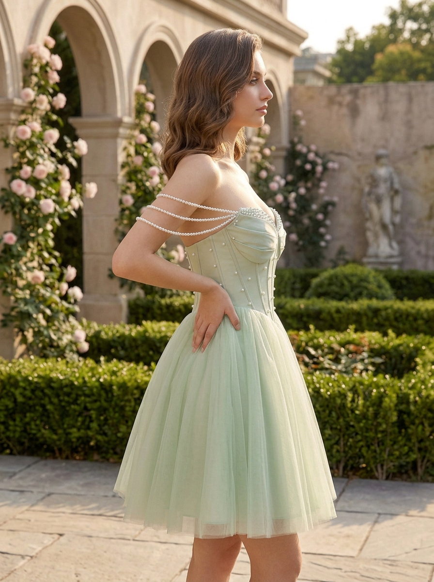 Sage Green Pearl-Accented Corset Homecoming Dress with Draped Sleeves 