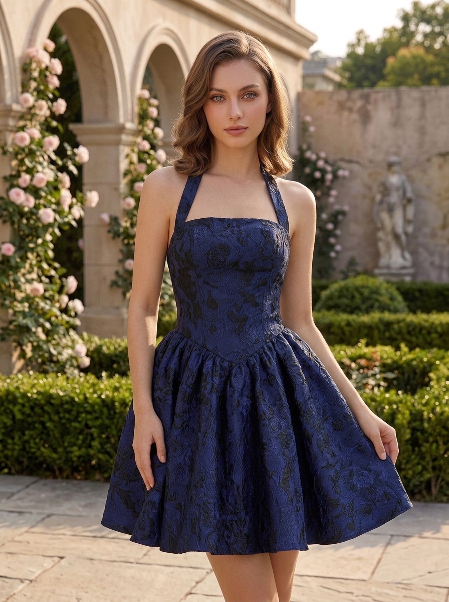 Navy Blue Floral Brocade Halter Corset A-line Homecoming Dress 