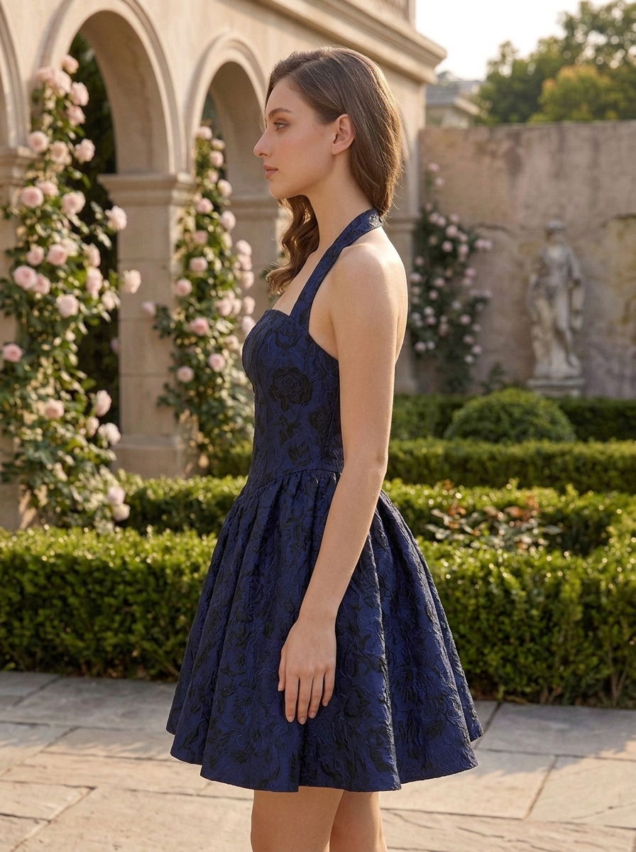 Navy Blue Floral Brocade Halter Corset A-line Homecoming Dress 