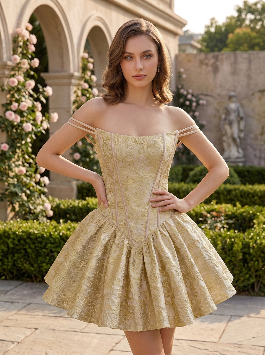 Luminous Gold Brocade Off-The-Shoulder Corset Homecoming Dress 