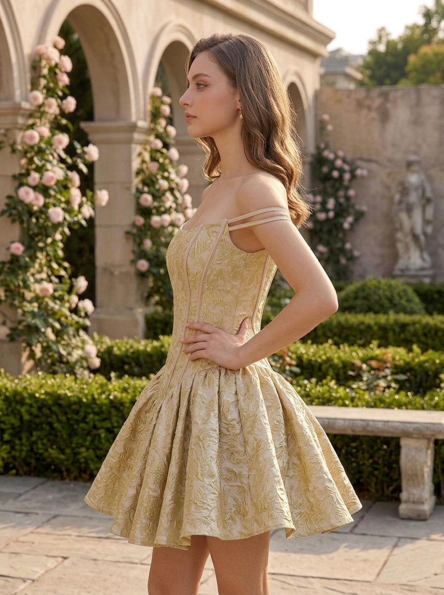 Luminous Gold Brocade Off-The-Shoulder Corset Homecoming Dress 